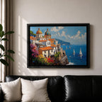 An impasto oil painting depicting the Amalfi Coast with white buildings topped by domes and orange roofs perched on cliffs overlooking a vibrant blue sea dotted with sailboats under a partly cloudy sky, rendered in thick textured brushstrokes capturing the Mediterranean coastal landscape.