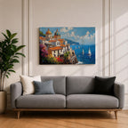 An impasto oil painting depicting the Amalfi Coast with white buildings topped by domes and orange roofs perched on cliffs overlooking a vibrant blue sea dotted with sailboats under a partly cloudy sky, rendered in thick textured brushstrokes capturing the Mediterranean coastal landscape.