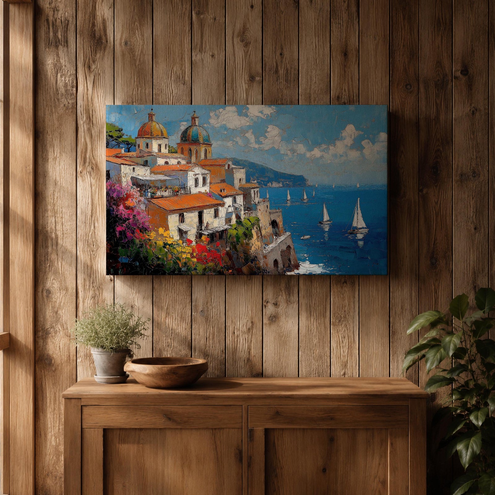 An impasto oil painting depicting the Amalfi Coast with white buildings topped by domes and orange roofs perched on cliffs overlooking a vibrant blue sea dotted with sailboats under a partly cloudy sky, rendered in thick textured brushstrokes capturing the Mediterranean coastal landscape.