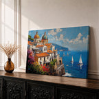 An impasto oil painting depicting the Amalfi Coast with white buildings topped by domes and orange roofs perched on cliffs overlooking a vibrant blue sea dotted with sailboats under a partly cloudy sky, rendered in thick textured brushstrokes capturing the Mediterranean coastal landscape.