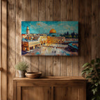 Impasto style painting depicting the Dome of the Rock with its golden dome rising above the Temple Mount in Jerusalem, surrounded by historic stone buildings, courtyards, and mosque structures, rendered with expressive textured brush strokes and a vivid blue sky highlighting the Masjid Al Aqsa complex skyline.