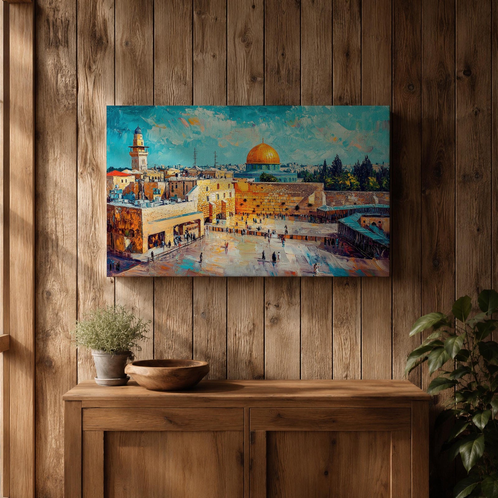 Impasto style painting depicting the Dome of the Rock with its golden dome rising above the Temple Mount in Jerusalem, surrounded by historic stone buildings, courtyards, and mosque structures, rendered with expressive textured brush strokes and a vivid blue sky highlighting the Masjid Al Aqsa complex skyline.