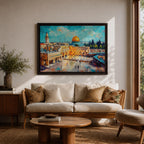 Impasto style painting depicting the Dome of the Rock with its golden dome rising above the Temple Mount in Jerusalem, surrounded by historic stone buildings, courtyards, and mosque structures, rendered with expressive textured brush strokes and a vivid blue sky highlighting the Masjid Al Aqsa complex skyline.