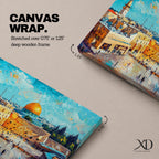 Impasto style painting depicting the Dome of the Rock with its golden dome rising above the Temple Mount in Jerusalem, surrounded by historic stone buildings, courtyards, and mosque structures, rendered with expressive textured brush strokes and a vivid blue sky highlighting the Masjid Al Aqsa complex skyline.