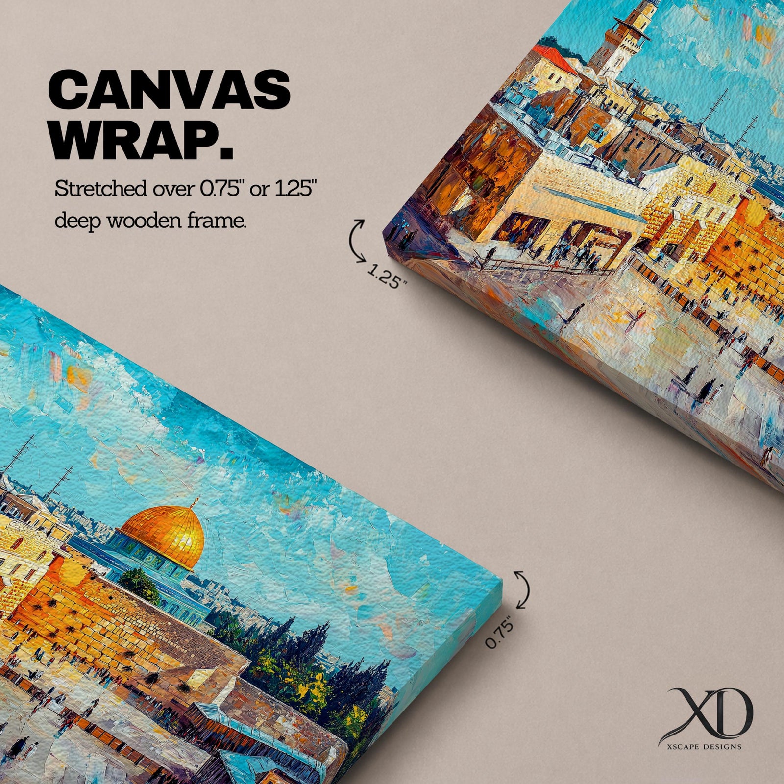 Impasto style painting depicting the Dome of the Rock with its golden dome rising above the Temple Mount in Jerusalem, surrounded by historic stone buildings, courtyards, and mosque structures, rendered with expressive textured brush strokes and a vivid blue sky highlighting the Masjid Al Aqsa complex skyline.
