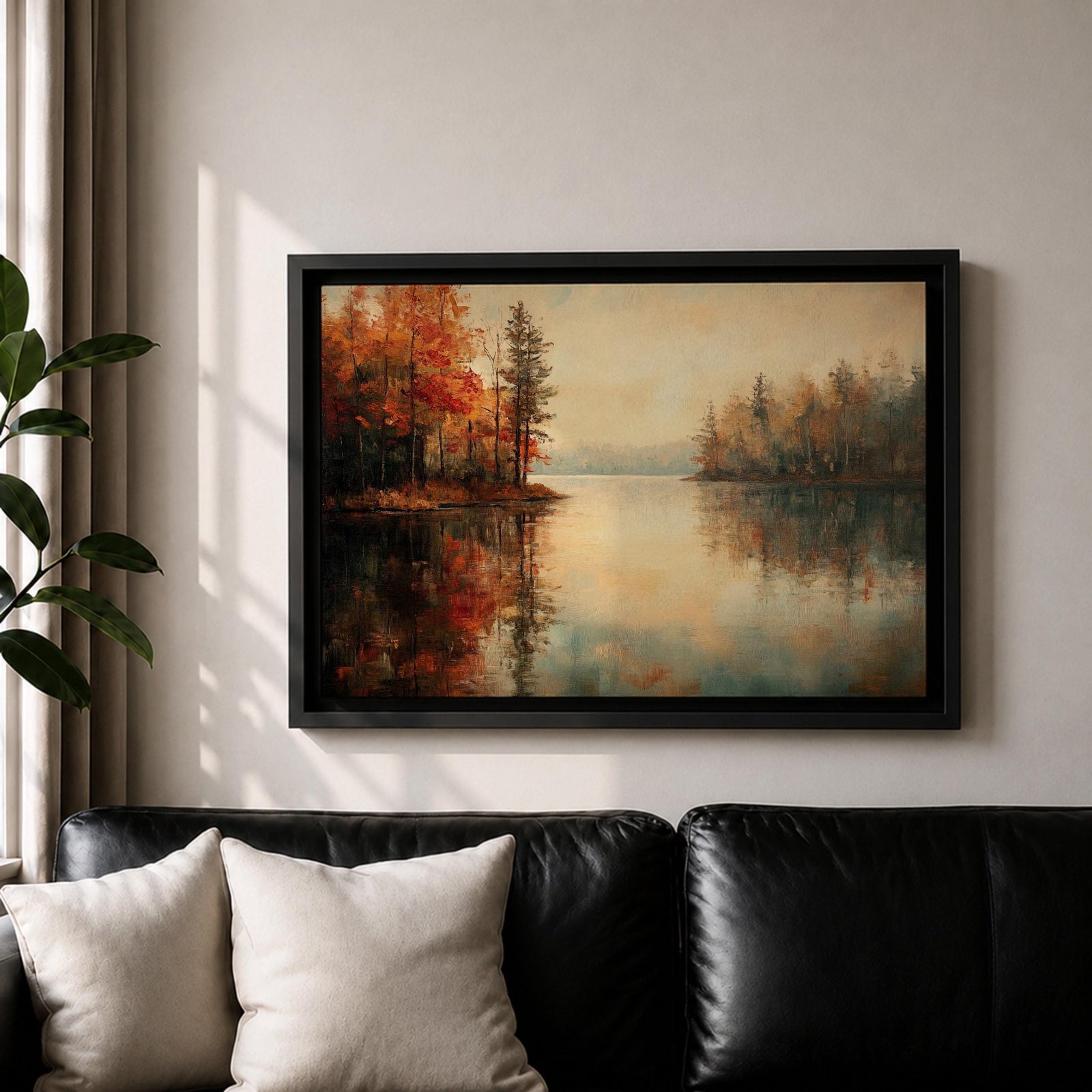 An oil painting of a serene autumn lake scene featuring calm water reflecting trees with vibrant fall foliage in shades of red and orange. The vintage style artwork captures a peaceful lakeside landscape with detailed trees on both sides and a soft, muted sky in the background.