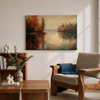 An oil painting of a serene autumn lake scene featuring calm water reflecting trees with vibrant fall foliage in shades of red and orange. The vintage style artwork captures a peaceful lakeside landscape with detailed trees on both sides and a soft, muted sky in the background.