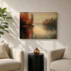 An oil painting of a serene autumn lake scene featuring calm water reflecting trees with vibrant fall foliage in shades of red and orange. The vintage style artwork captures a peaceful lakeside landscape with detailed trees on both sides and a soft, muted sky in the background.