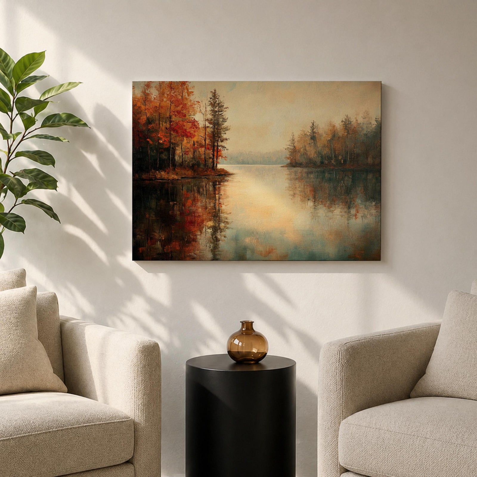 An oil painting of a serene autumn lake scene featuring calm water reflecting trees with vibrant fall foliage in shades of red and orange. The vintage style artwork captures a peaceful lakeside landscape with detailed trees on both sides and a soft, muted sky in the background.