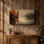 An oil painting of a serene autumn lake scene featuring calm water reflecting trees with vibrant fall foliage in shades of red and orange. The vintage style artwork captures a peaceful lakeside landscape with detailed trees on both sides and a soft, muted sky in the background.