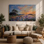 An impasto style painting depicting a vibrant sunset over a floral field filled with colorful wildflowers and textured brushstrokes, featuring a distant tree silhouette under a dynamic sky blending warm and cool tones.