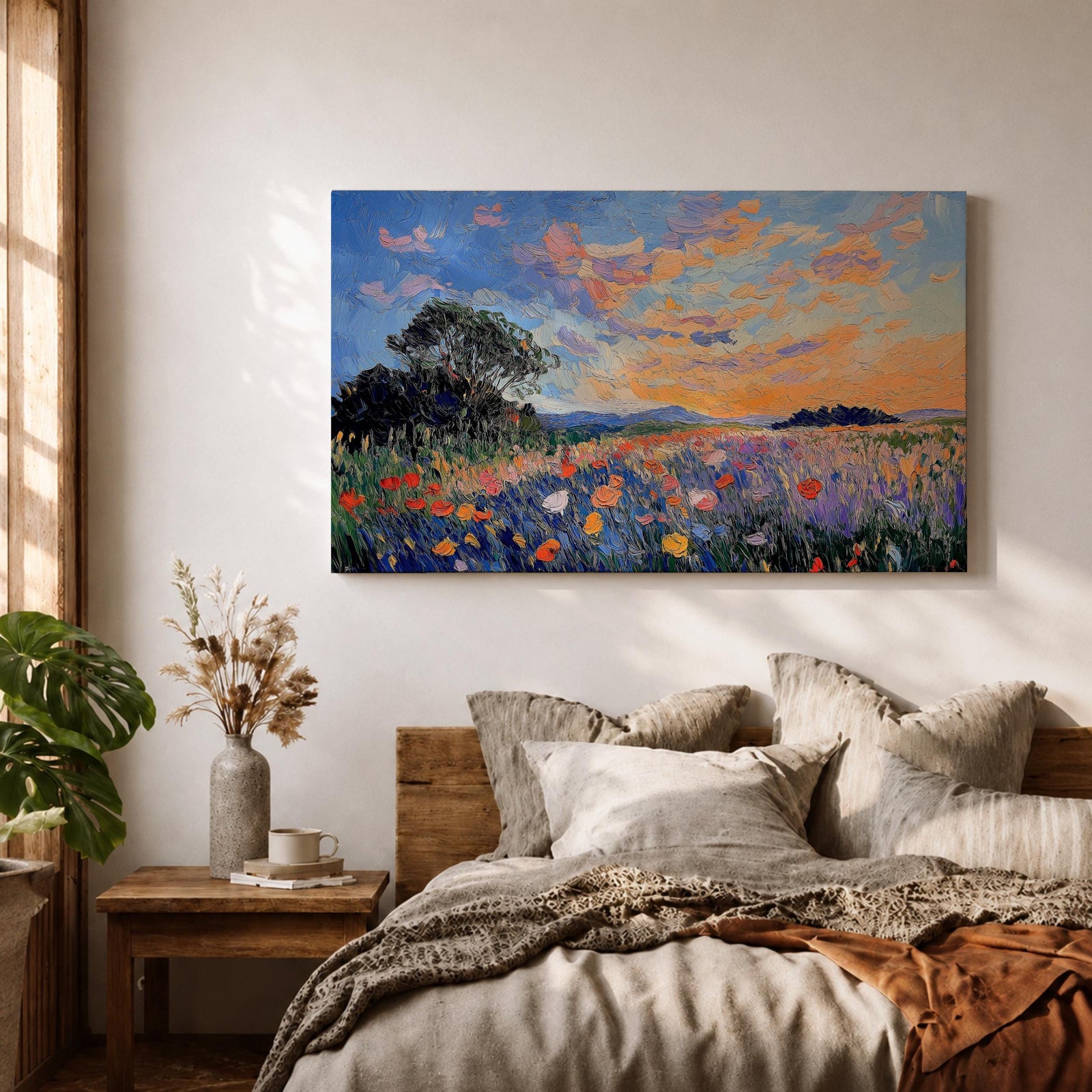An impasto style painting depicting a vibrant sunset over a floral field filled with colorful wildflowers and textured brushstrokes, featuring a distant tree silhouette under a dynamic sky blending warm and cool tones.