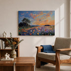 An impasto style painting depicting a vibrant sunset over a floral field filled with colorful wildflowers and textured brushstrokes, featuring a distant tree silhouette under a dynamic sky blending warm and cool tones.
