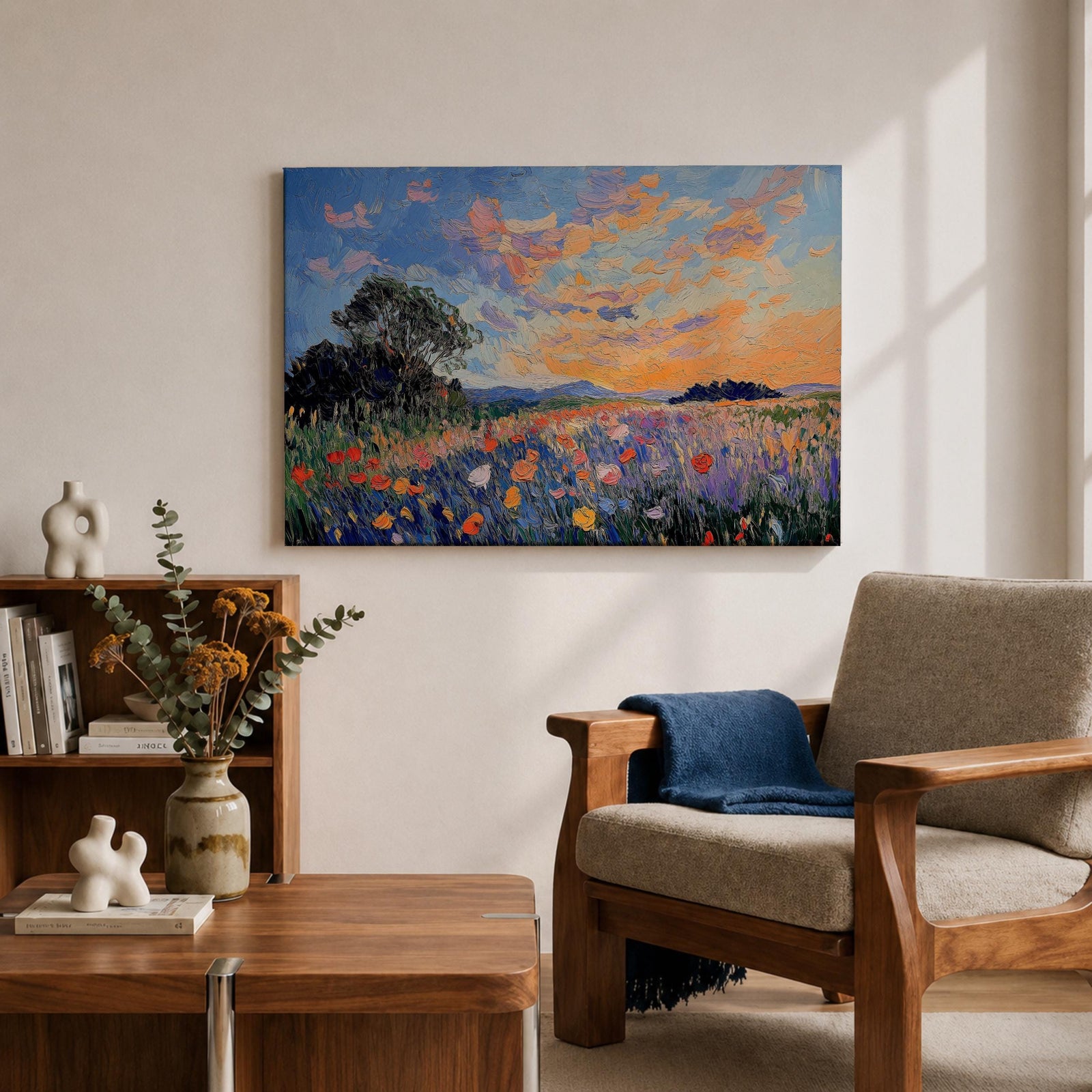An impasto style painting depicting a vibrant sunset over a floral field filled with colorful wildflowers and textured brushstrokes, featuring a distant tree silhouette under a dynamic sky blending warm and cool tones.