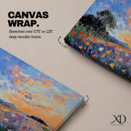 An impasto style painting depicting a vibrant sunset over a floral field filled with colorful wildflowers and textured brushstrokes, featuring a distant tree silhouette under a dynamic sky blending warm and cool tones.