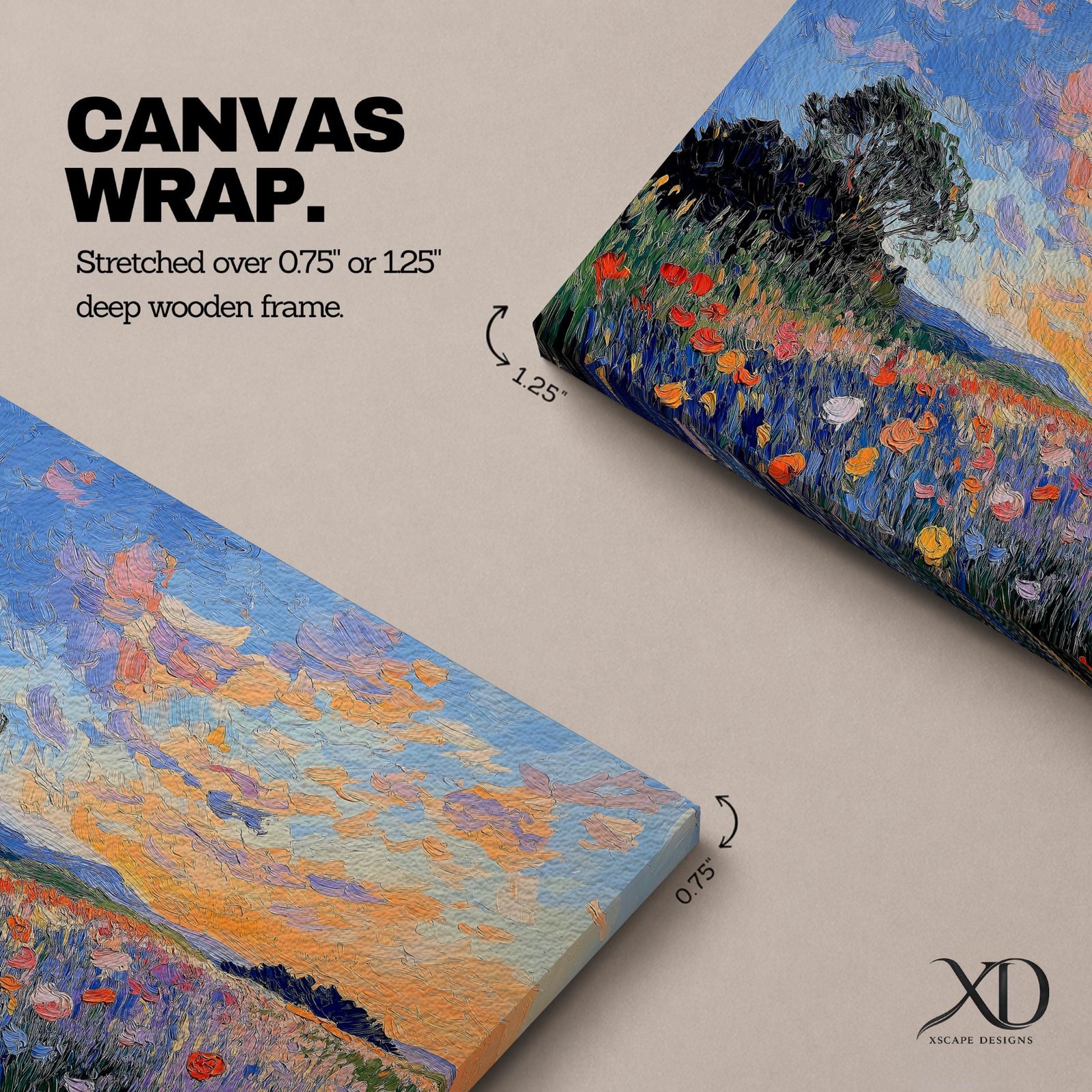 An impasto style painting depicting a vibrant sunset over a floral field filled with colorful wildflowers and textured brushstrokes, featuring a distant tree silhouette under a dynamic sky blending warm and cool tones.