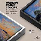 An impasto style painting depicting a vibrant sunset over a floral field filled with colorful wildflowers and textured brushstrokes, featuring a distant tree silhouette under a dynamic sky blending warm and cool tones.