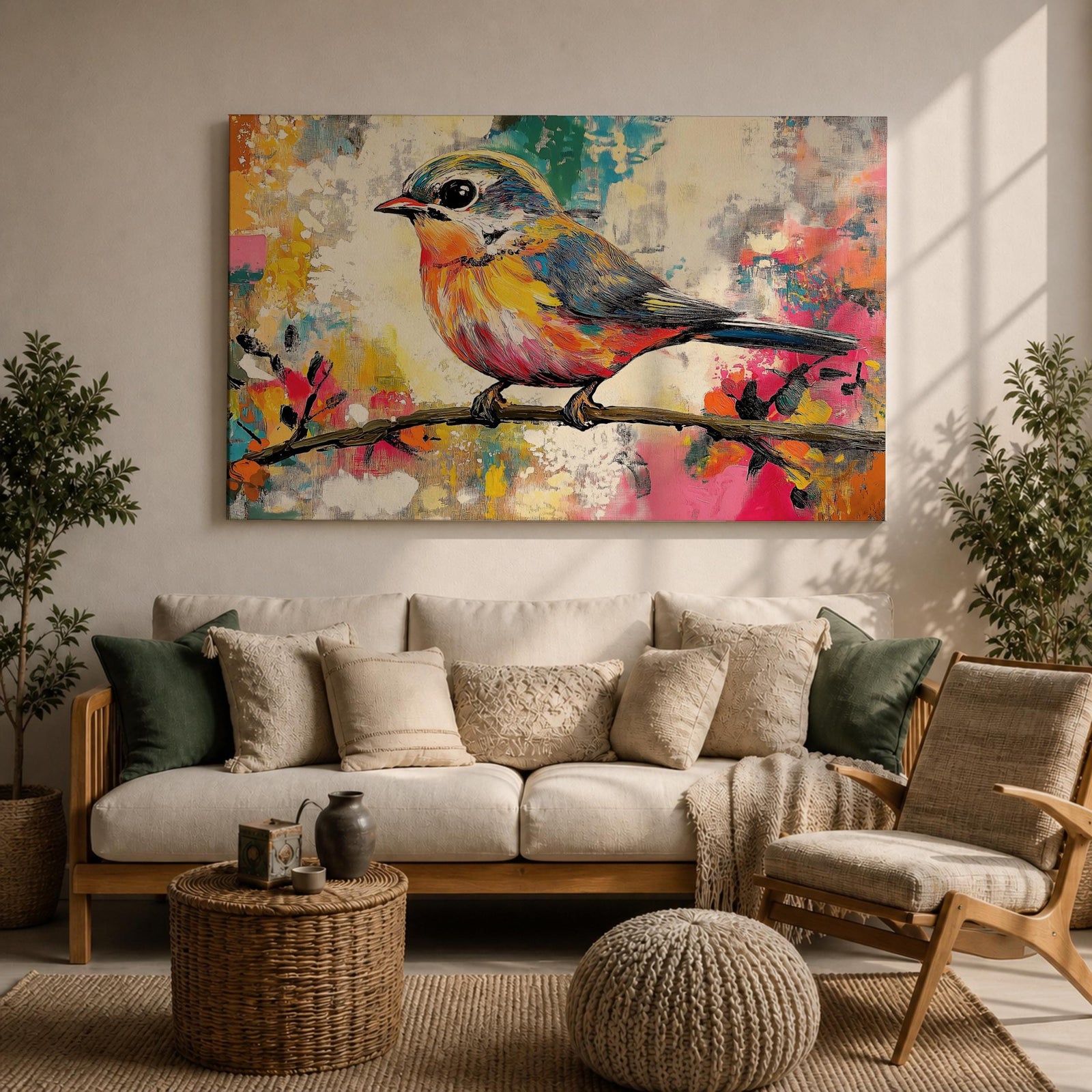 A vibrant painting of a colorful bird perched on a branch, rendered in a lively and expressive style with bold brush strokes and a mix of bright colors. The artwork captures the essence of a songbird in nature, emphasizing its detailed feathers and dynamic pose against an abstract background.