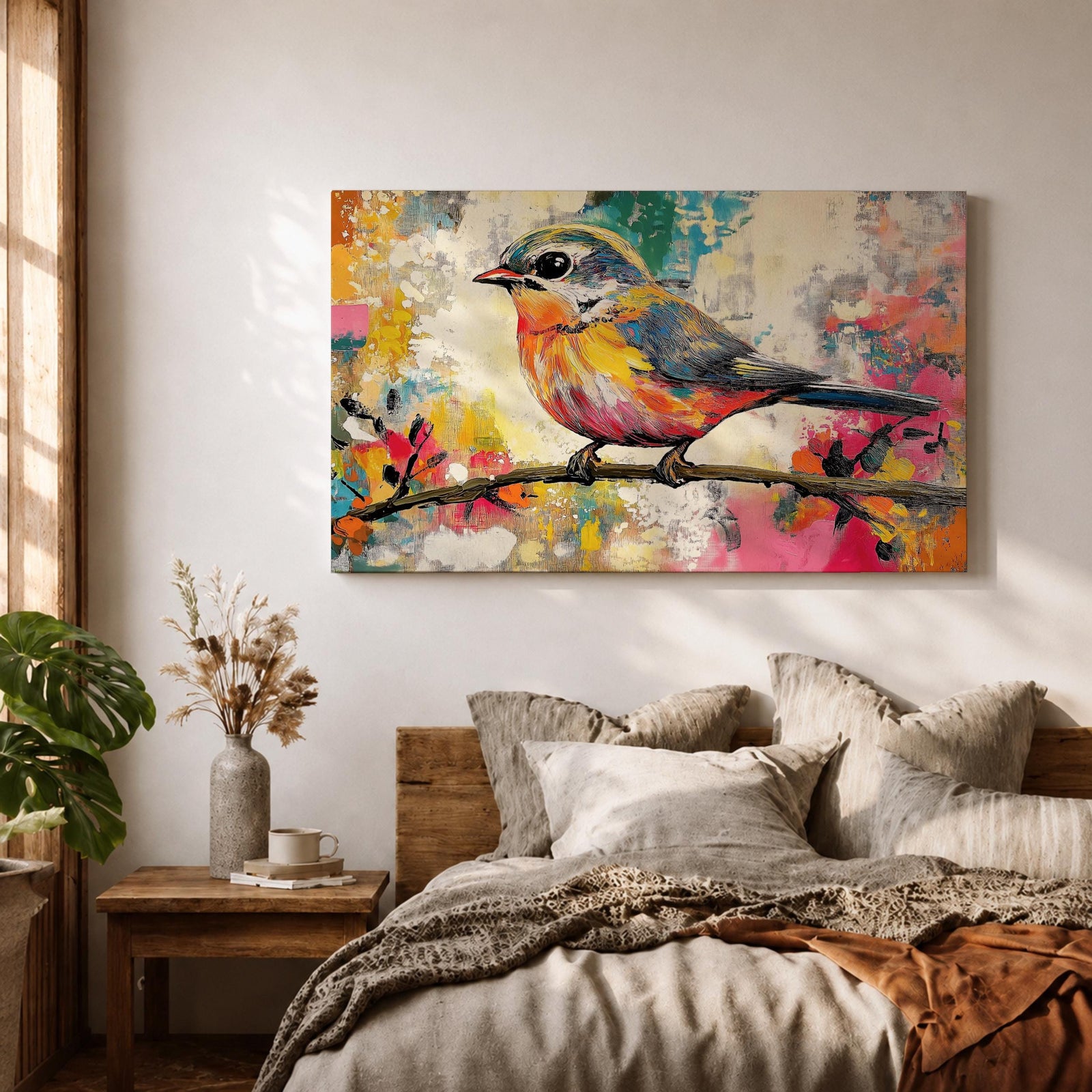 A vibrant painting of a colorful bird perched on a branch, rendered in a lively and expressive style with bold brush strokes and a mix of bright colors. The artwork captures the essence of a songbird in nature, emphasizing its detailed feathers and dynamic pose against an abstract background.
