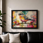 A vibrant painting of a colorful bird perched on a branch, rendered in a lively and expressive style with bold brush strokes and a mix of bright colors. The artwork captures the essence of a songbird in nature, emphasizing its detailed feathers and dynamic pose against an abstract background.
