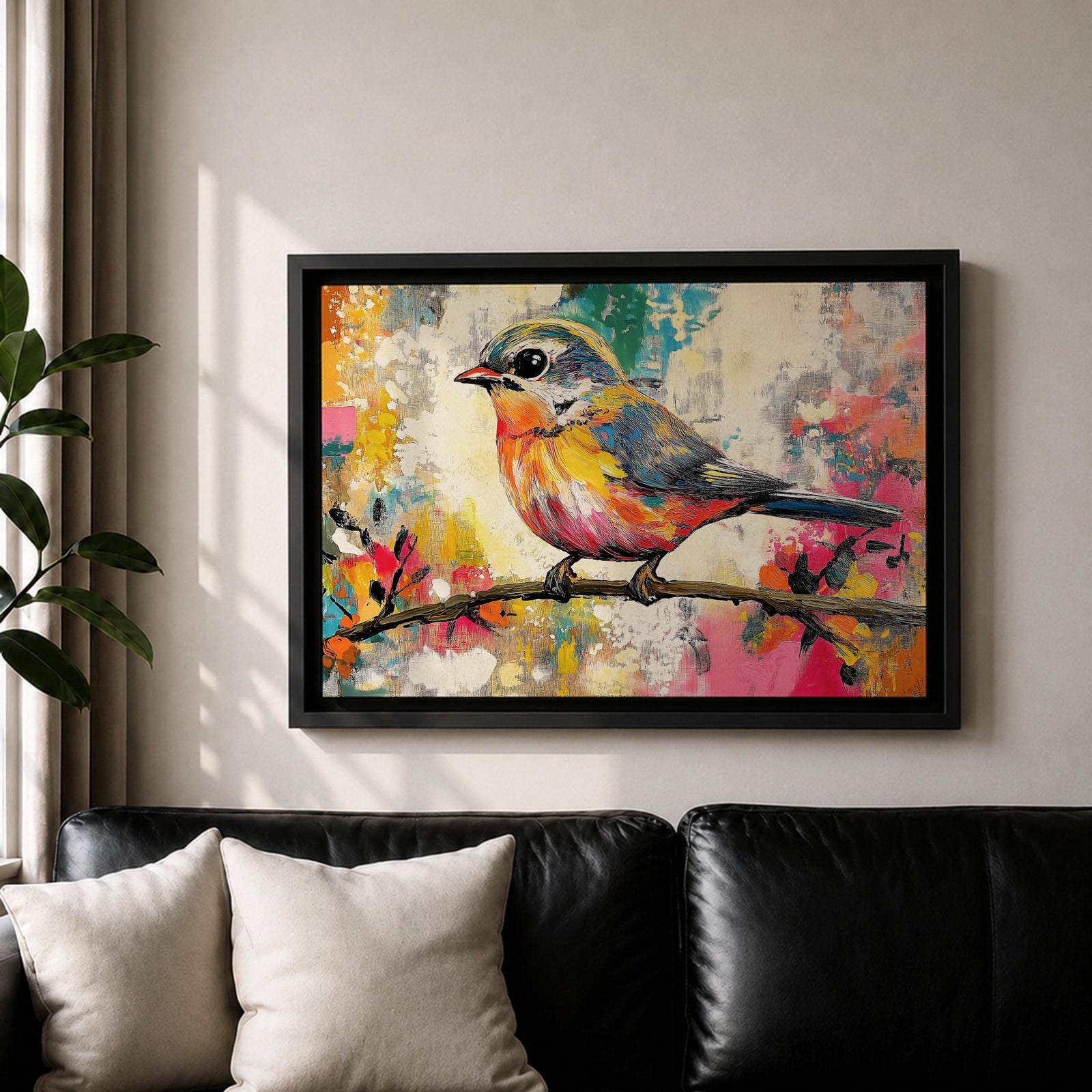 A vibrant painting of a colorful bird perched on a branch, rendered in a lively and expressive style with bold brush strokes and a mix of bright colors. The artwork captures the essence of a songbird in nature, emphasizing its detailed feathers and dynamic pose against an abstract background.