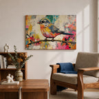 A vibrant painting of a colorful bird perched on a branch, rendered in a lively and expressive style with bold brush strokes and a mix of bright colors. The artwork captures the essence of a songbird in nature, emphasizing its detailed feathers and dynamic pose against an abstract background.