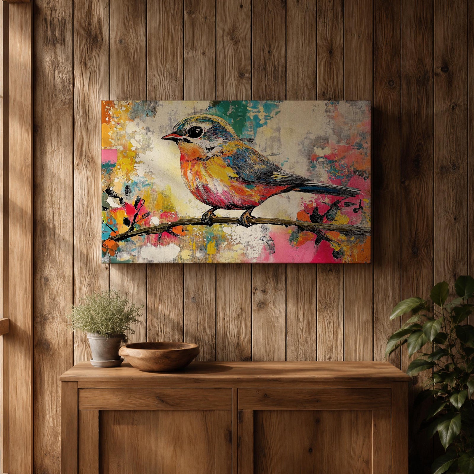 A vibrant painting of a colorful bird perched on a branch, rendered in a lively and expressive style with bold brush strokes and a mix of bright colors. The artwork captures the essence of a songbird in nature, emphasizing its detailed feathers and dynamic pose against an abstract background.