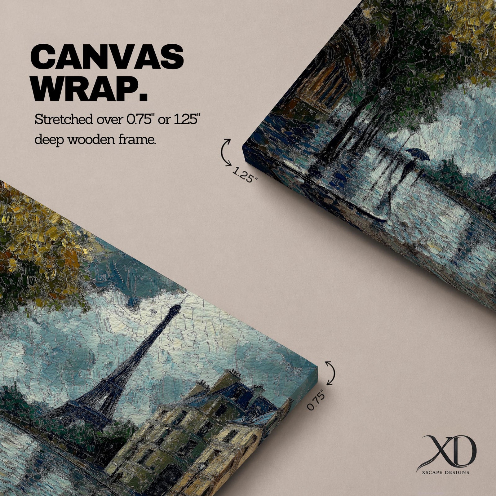 An impasto style painting of the Eiffel Tower in Paris featuring a rainy street scene with reflections on wet pavement, trees lining the sidewalk, and figures holding umbrellas, rendered with thick textured brushstrokes and moody atmospheric tones.
