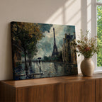 An impasto style painting of the Eiffel Tower in Paris featuring a rainy street scene with reflections on wet pavement, trees lining the sidewalk, and figures holding umbrellas, rendered with thick textured brushstrokes and moody atmospheric tones.