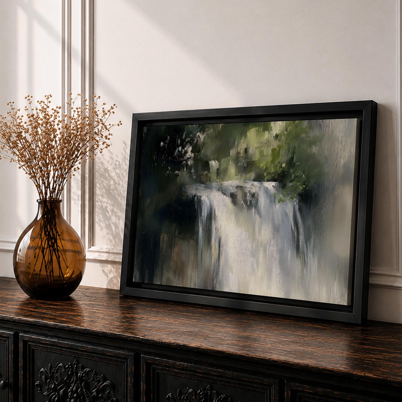 An oil painting of a waterfall cascading through a forest, rendered with soft brushstrokes and a neutral color palette. The scene captures flowing water surrounded by lush greenery in a natural setting, emphasizing the serene beauty of nature without sharp details or abstraction.