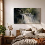 An oil painting of a waterfall cascading through a forest, rendered with soft brushstrokes and a neutral color palette. The scene captures flowing water surrounded by lush greenery in a natural setting, emphasizing the serene beauty of nature without sharp details or abstraction.