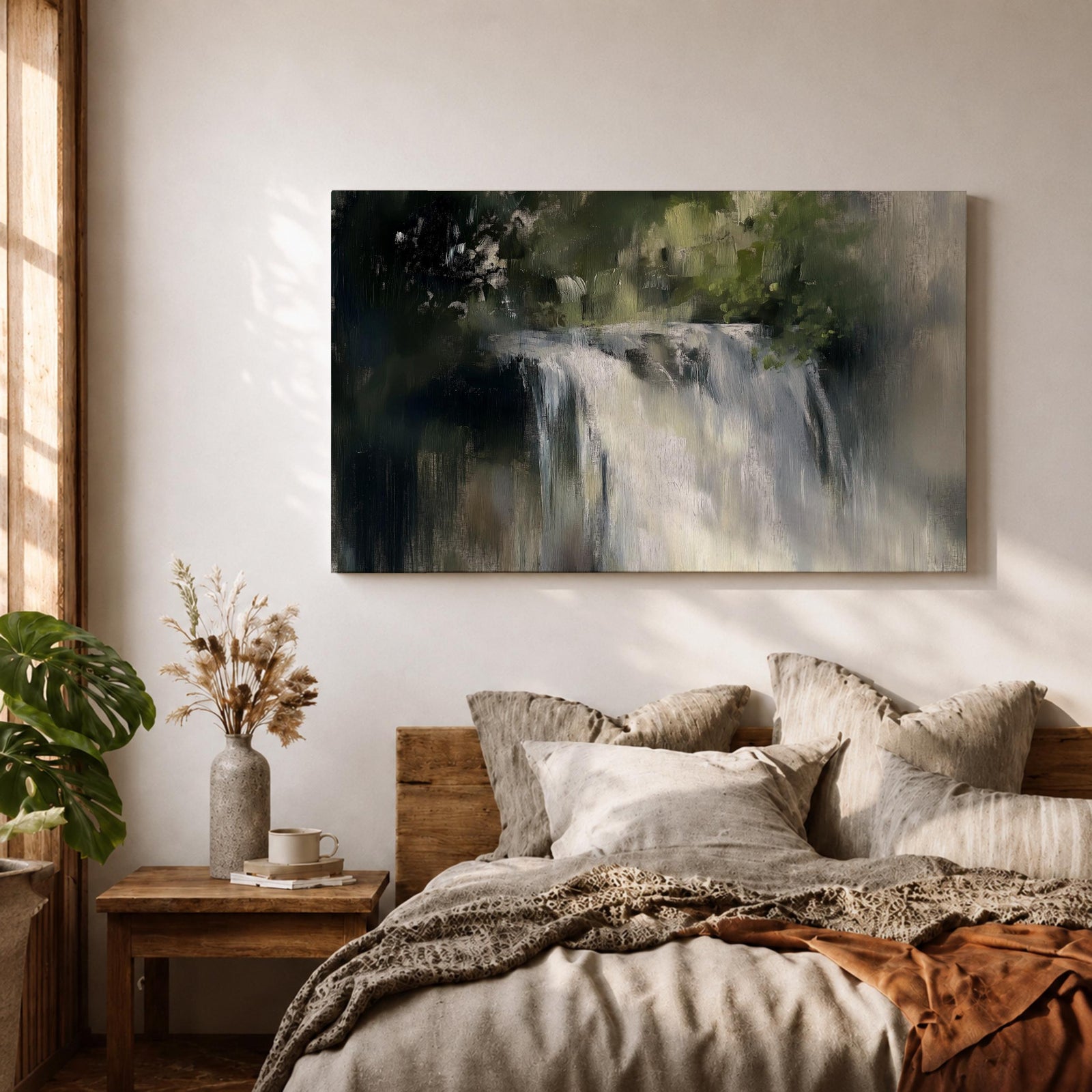 An oil painting of a waterfall cascading through a forest, rendered with soft brushstrokes and a neutral color palette. The scene captures flowing water surrounded by lush greenery in a natural setting, emphasizing the serene beauty of nature without sharp details or abstraction.