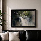 An oil painting of a waterfall cascading through a forest, rendered with soft brushstrokes and a neutral color palette. The scene captures flowing water surrounded by lush greenery in a natural setting, emphasizing the serene beauty of nature without sharp details or abstraction.