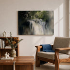 An oil painting of a waterfall cascading through a forest, rendered with soft brushstrokes and a neutral color palette. The scene captures flowing water surrounded by lush greenery in a natural setting, emphasizing the serene beauty of nature without sharp details or abstraction.