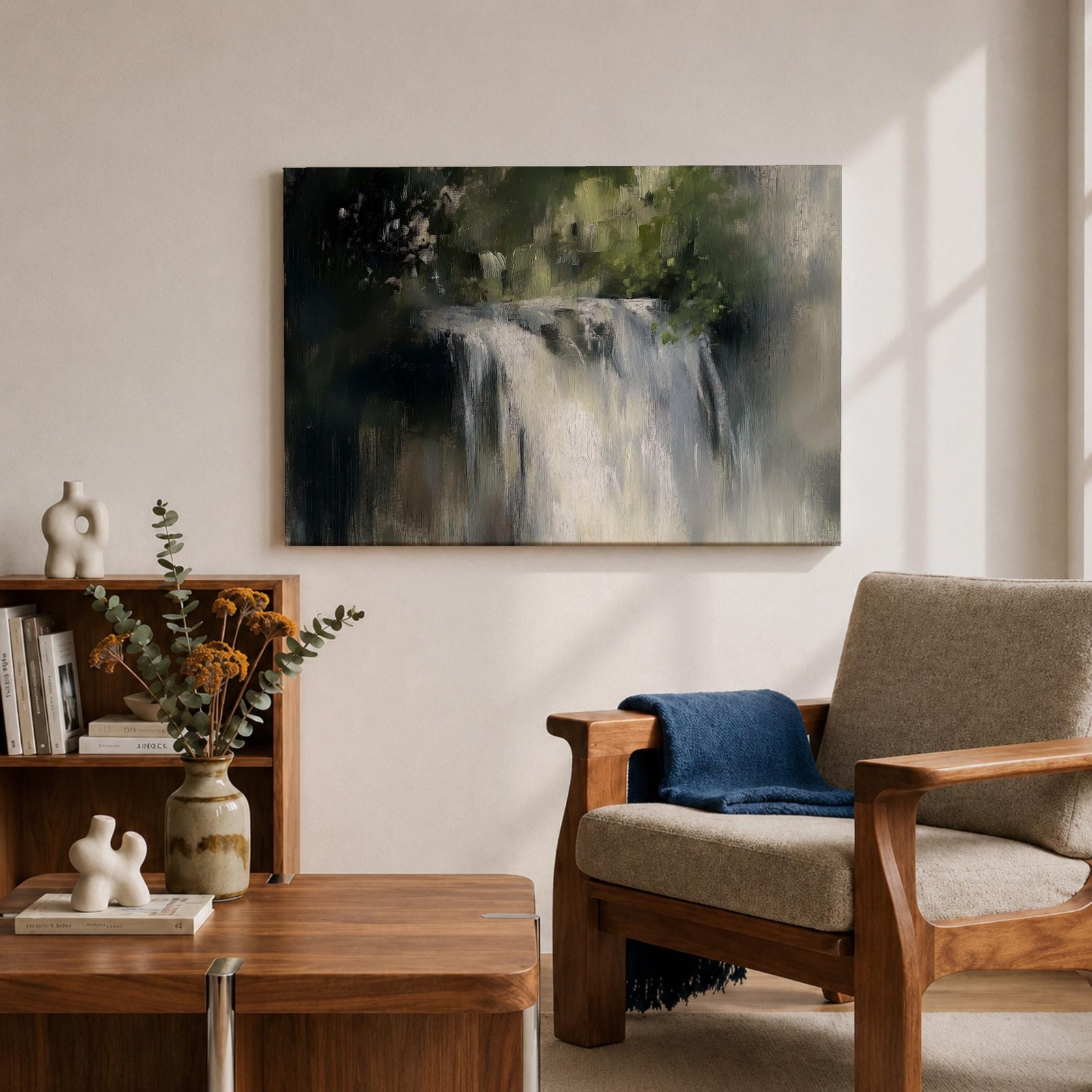An oil painting of a waterfall cascading through a forest, rendered with soft brushstrokes and a neutral color palette. The scene captures flowing water surrounded by lush greenery in a natural setting, emphasizing the serene beauty of nature without sharp details or abstraction.