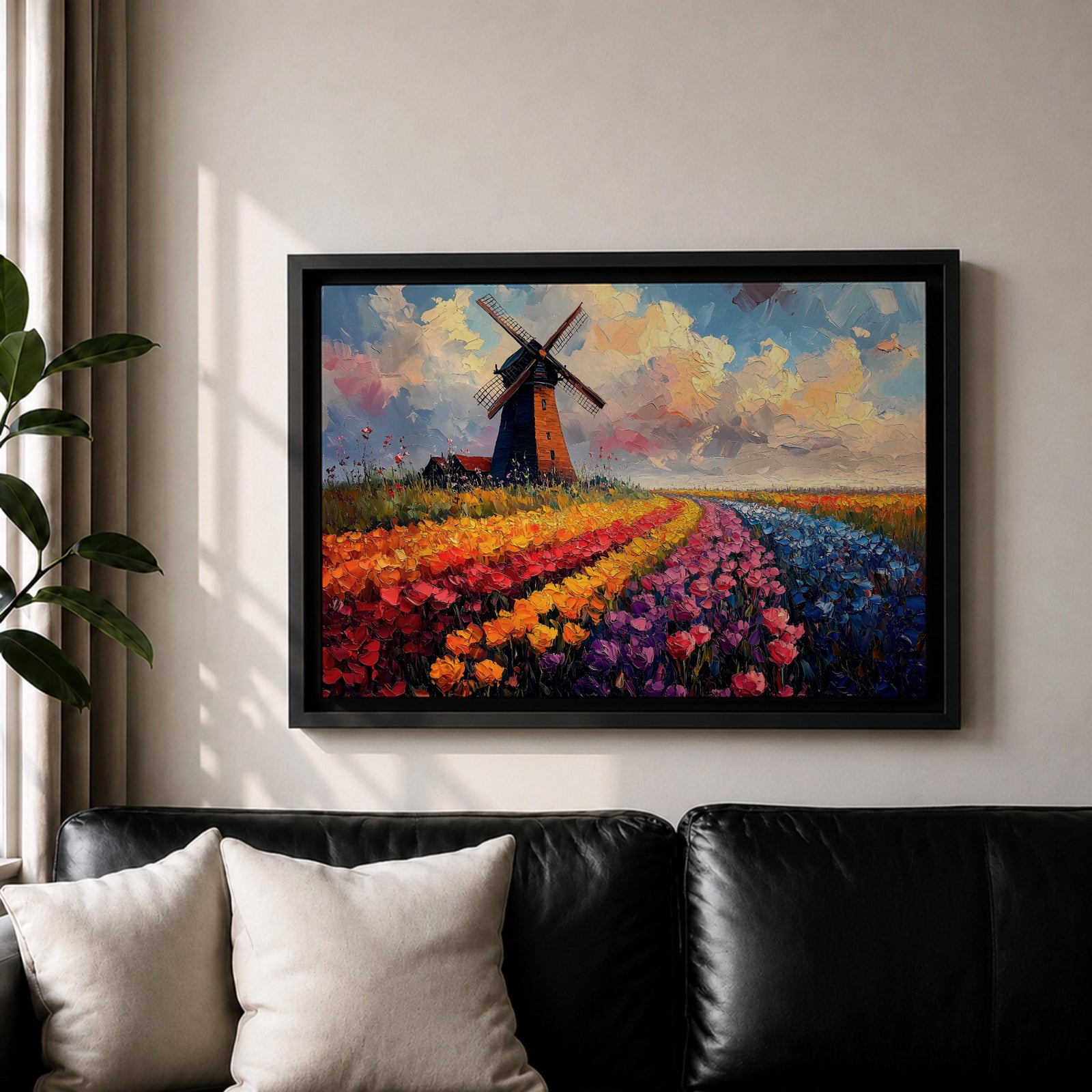 This impasto style painting depicts a classic windmill standing beside vibrant rows of tulip fields stretching into the horizon under a dynamic sky. The textured brushstrokes emphasize the colorful floral landscape and the iconic Dutch countryside scene.