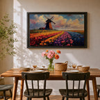 This impasto style painting depicts a classic windmill standing beside vibrant rows of tulip fields stretching into the horizon under a dynamic sky. The textured brushstrokes emphasize the colorful floral landscape and the iconic Dutch countryside scene.