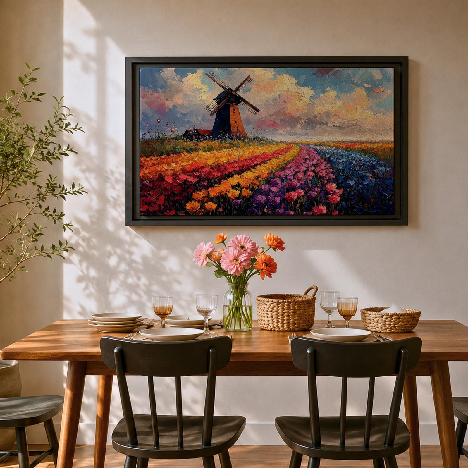 This impasto style painting depicts a classic windmill standing beside vibrant rows of tulip fields stretching into the horizon under a dynamic sky. The textured brushstrokes emphasize the colorful floral landscape and the iconic Dutch countryside scene.