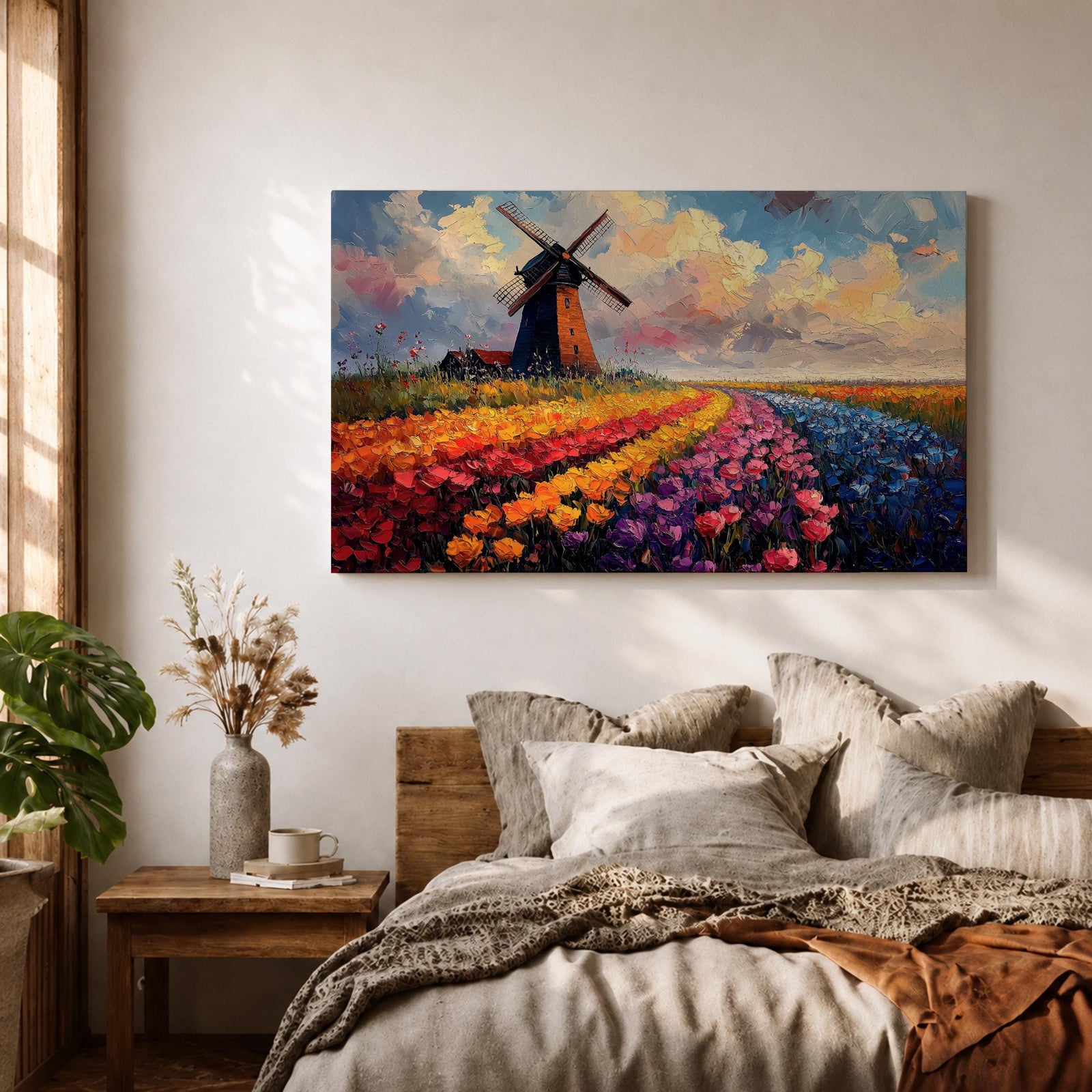This impasto style painting depicts a classic windmill standing beside vibrant rows of tulip fields stretching into the horizon under a dynamic sky. The textured brushstrokes emphasize the colorful floral landscape and the iconic Dutch countryside scene.