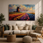 This impasto style painting depicts a classic windmill standing beside vibrant rows of tulip fields stretching into the horizon under a dynamic sky. The textured brushstrokes emphasize the colorful floral landscape and the iconic Dutch countryside scene.