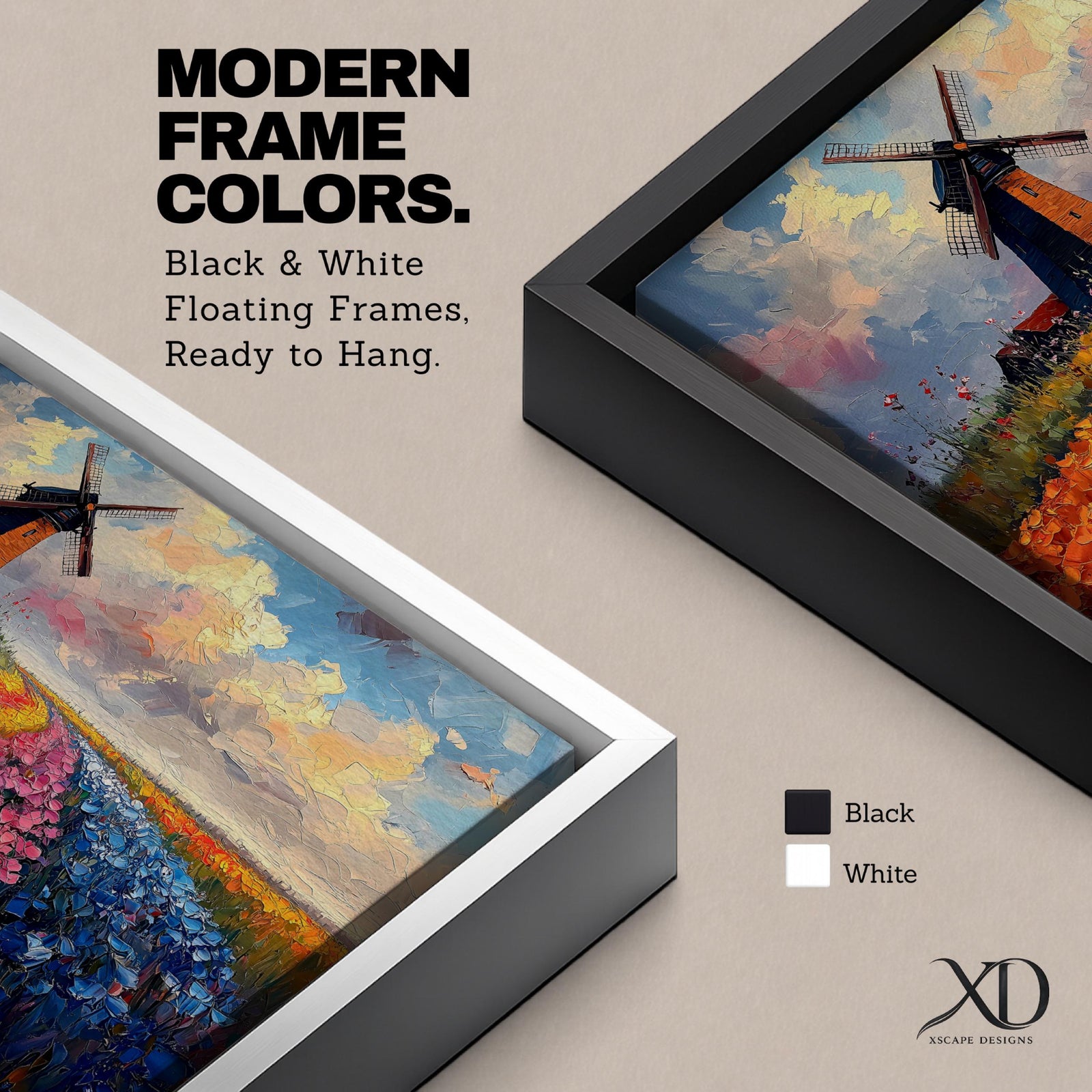 This impasto style painting depicts a classic windmill standing beside vibrant rows of tulip fields stretching into the horizon under a dynamic sky. The textured brushstrokes emphasize the colorful floral landscape and the iconic Dutch countryside scene.