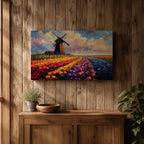 This impasto style painting depicts a classic windmill standing beside vibrant rows of tulip fields stretching into the horizon under a dynamic sky. The textured brushstrokes emphasize the colorful floral landscape and the iconic Dutch countryside scene.
