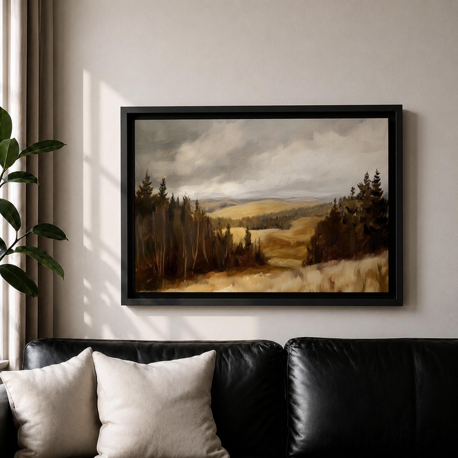 A framed canvas painting depicting a wildflower meadow landscape with rolling hills and clusters of trees under a cloudy sky. The artwork captures a natural countryside scene with detailed brushwork and a warm, rustic atmosphere emphasizing the beauty of open fields and forest edges.