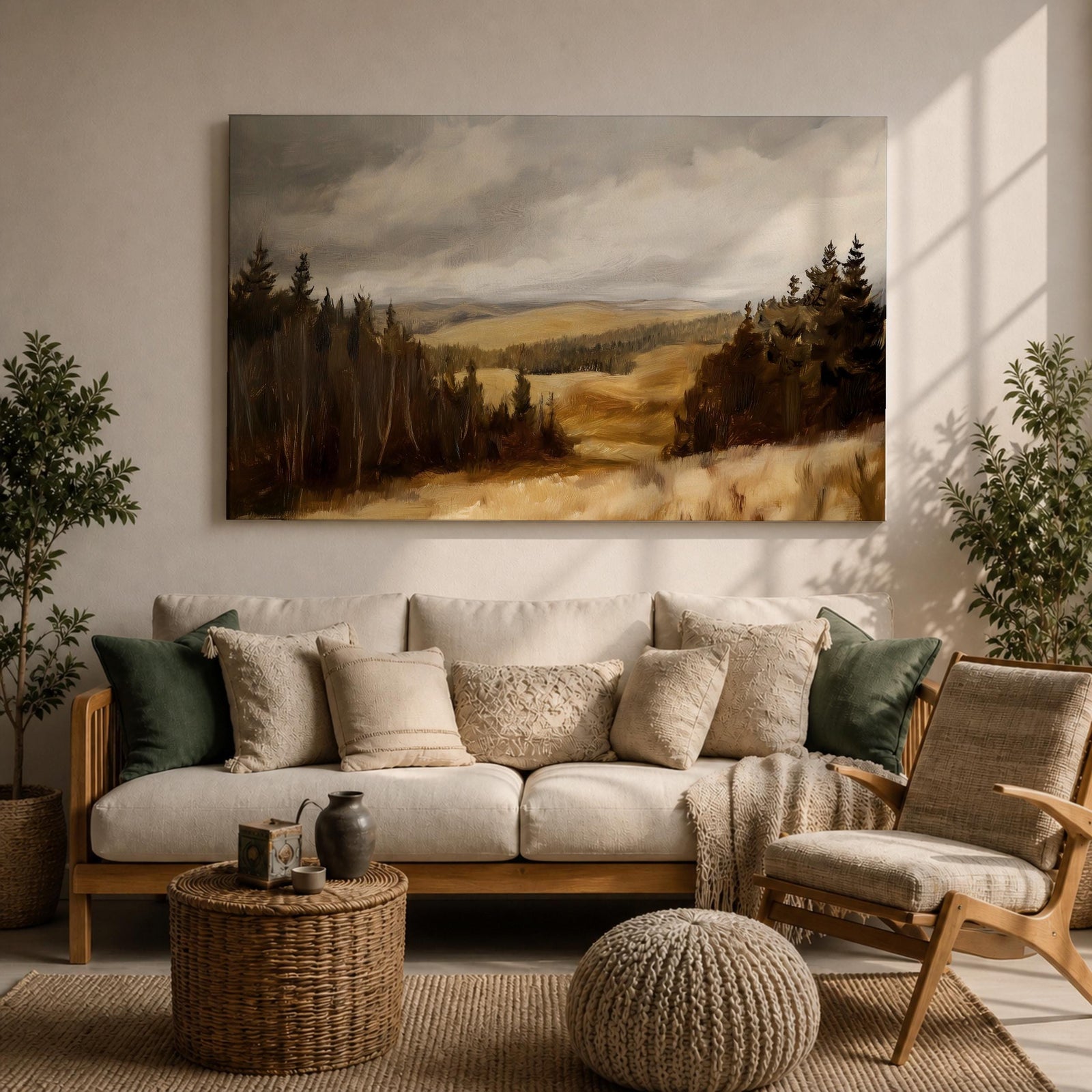 A framed canvas painting depicting a wildflower meadow landscape with rolling hills and clusters of trees under a cloudy sky. The artwork captures a natural countryside scene with detailed brushwork and a warm, rustic atmosphere emphasizing the beauty of open fields and forest edges.