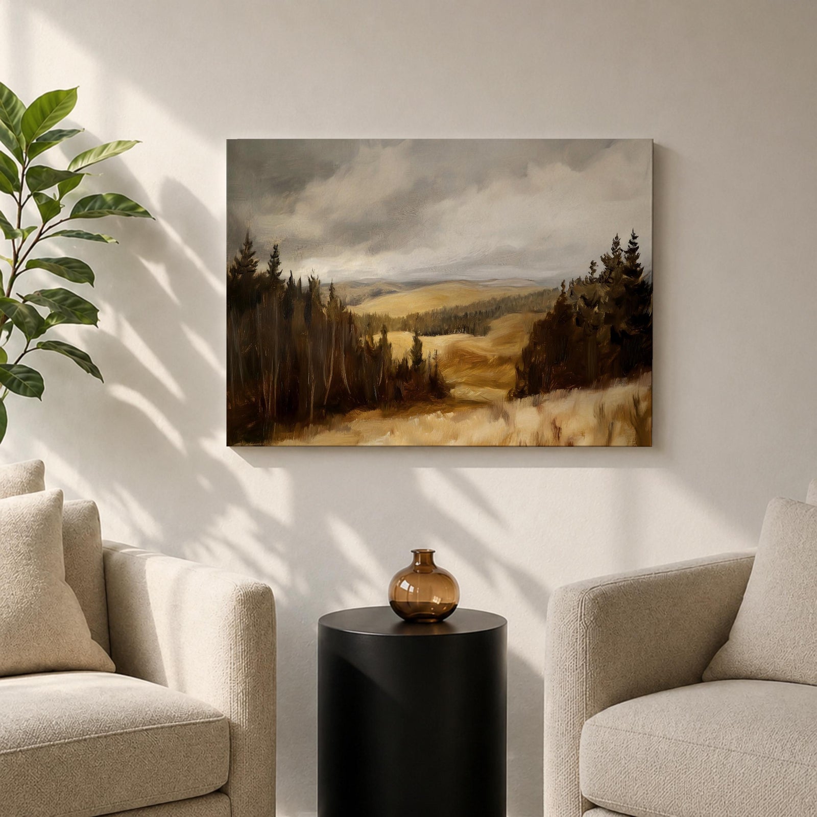 A framed canvas painting depicting a wildflower meadow landscape with rolling hills and clusters of trees under a cloudy sky. The artwork captures a natural countryside scene with detailed brushwork and a warm, rustic atmosphere emphasizing the beauty of open fields and forest edges.