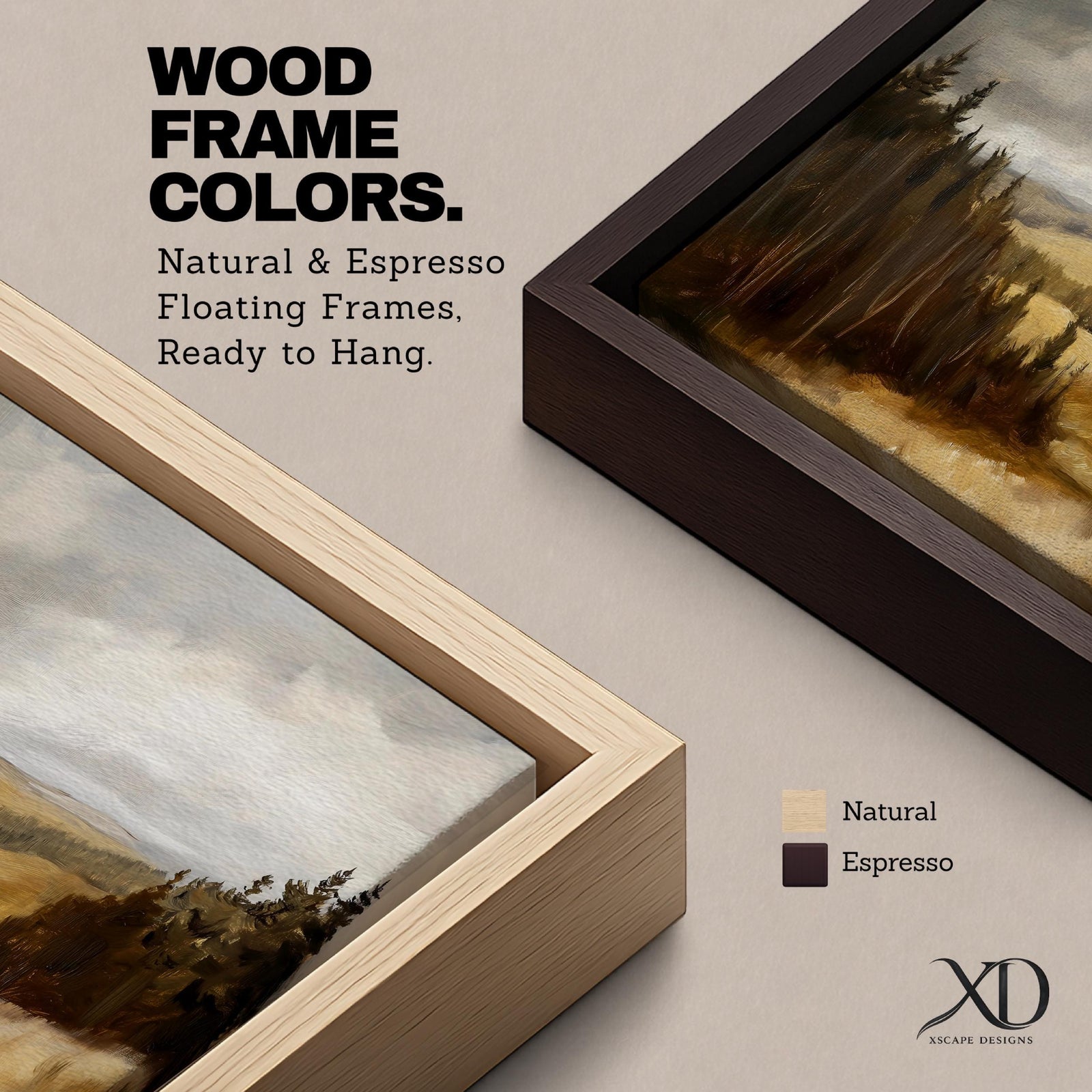 A framed canvas painting depicting a wildflower meadow landscape with rolling hills and clusters of trees under a cloudy sky. The artwork captures a natural countryside scene with detailed brushwork and a warm, rustic atmosphere emphasizing the beauty of open fields and forest edges.