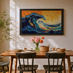An abstract depiction of a large ocean wave crashing with dynamic swirling patterns in blue and orange hues. The artwork captures the energy and movement of the sea in a textured, painterly style emphasizing fluid shapes and vibrant contrasts, evoking a coastal nature scene.