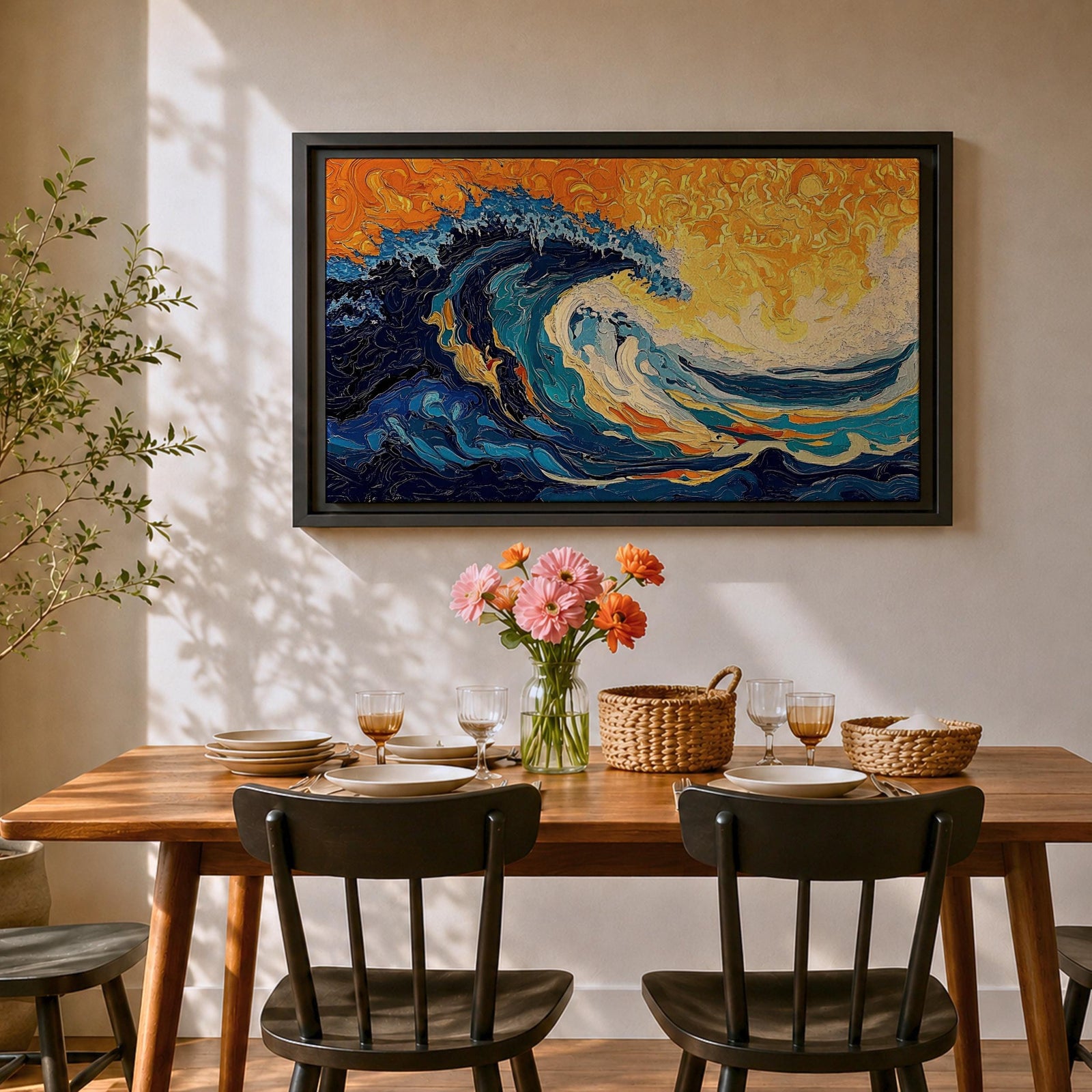 An abstract depiction of a large ocean wave crashing with dynamic swirling patterns in blue and orange hues. The artwork captures the energy and movement of the sea in a textured, painterly style emphasizing fluid shapes and vibrant contrasts, evoking a coastal nature scene.