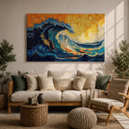 An abstract depiction of a large ocean wave crashing with dynamic swirling patterns in blue and orange hues. The artwork captures the energy and movement of the sea in a textured, painterly style emphasizing fluid shapes and vibrant contrasts, evoking a coastal nature scene.
