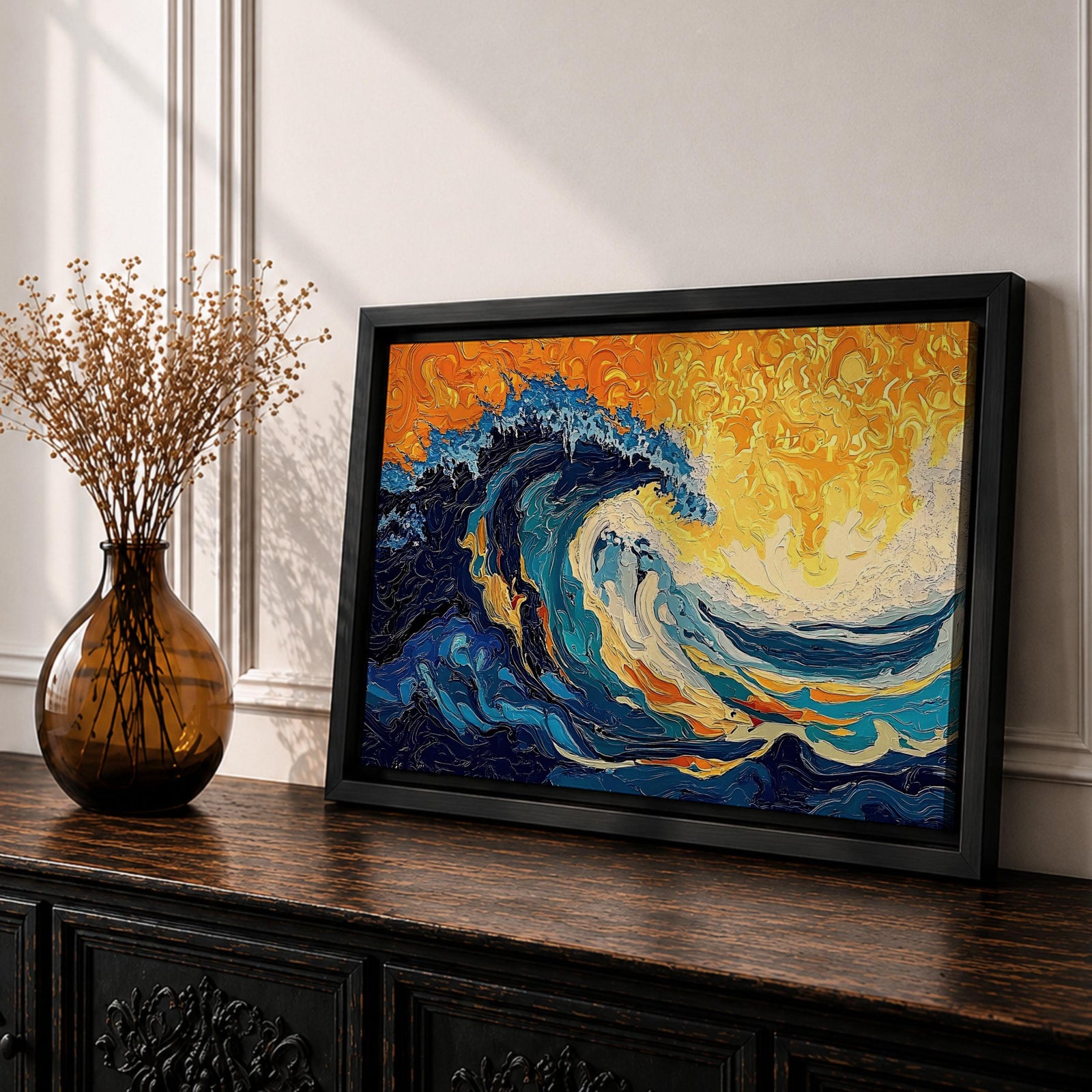 An abstract depiction of a large ocean wave crashing with dynamic swirling patterns in blue and orange hues. The artwork captures the energy and movement of the sea in a textured, painterly style emphasizing fluid shapes and vibrant contrasts, evoking a coastal nature scene.